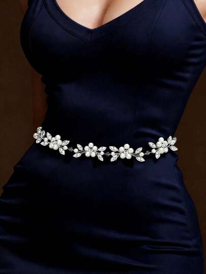 1pc Elegant Alloy Leaf & Flower Decor Cute Pearl Bridal Waist Belt, Suitable For Valentine's Day Decoration, Can Be Paired With Girl's Bodycon Dress As Waist Accessory,Summer,Beach,Wedding