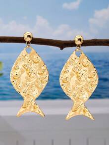 1 Pair Exaggerated Hammered Texture Dangle Fish Tail Earrings For Women - Yellow Gold - View 5
