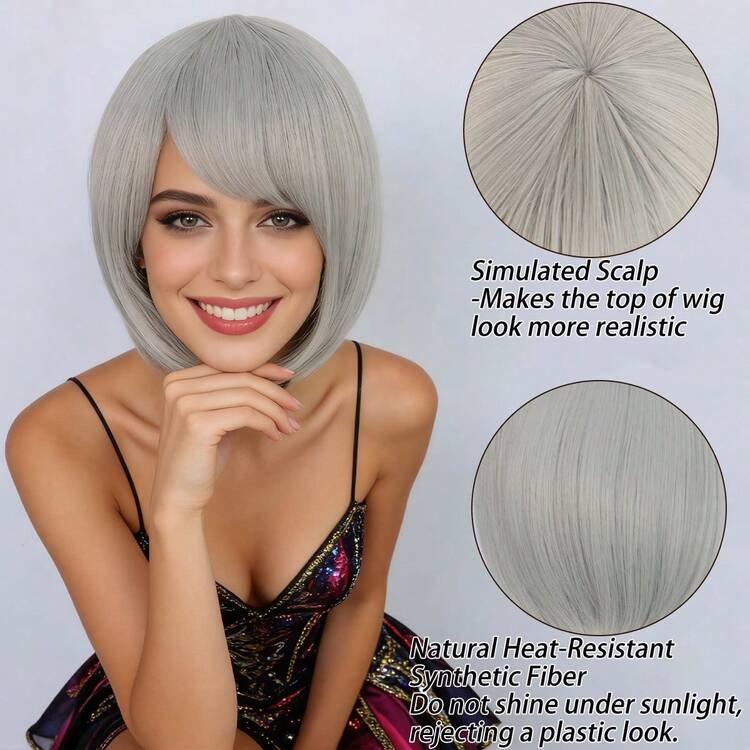 Stylowa krótka, warstwowa, prosta peruka typu bob z grzywką zaczesaną na bok dla kobiet i mężczyzn – naturalna, srebrnoszara, biała, granatowa, dwukolorowa, niebieska (połowa ciemnego granatu i połowa jasnego błękitu nieba), żółta, bordowa, syntetyczna, odporna na ciepło peruka z włosów z grzywką, idealna na imprezę, cosplay anime, kostiumy do gier, kostiumy postaci filmowych, święta, Comic Con, codzienny prezent modowy i urodzinowy - Wielokolorowe - Zobacz 8