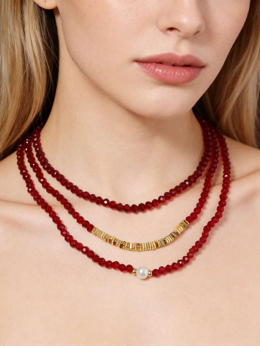 1件 Anqula 红黑仿珍珠碎银项链，时尚优雅奢华简约颈链 - 串珠項鍊 - 查看 1