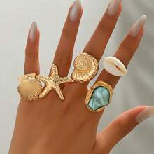 5pcs Fashion Elegant Ocean Life Starfish Shell Baroque Faux Pearl Ring Set, Women Daily Party Stacking Rings Jewelry Gift - Starfish - View 4