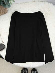 Áo len dệt kim dài tay màu đen dễ thương và ngọt ngào, cổ lệch, dáng ôm, thiết kế hở vai, xẻ tà hai bên, thích hợp cho nữ mùa xuân/hè. - màu đen - Xem 7