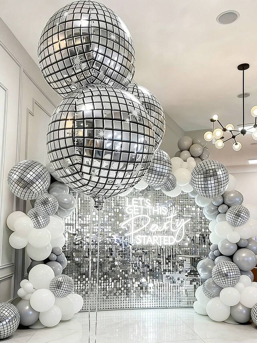 Bộ 6 quả bóng bay hình cầu disco lớn 22 inch màu bạc, thích hợp cho các bữa tiệc sinh nhật theo phong cách thập niên 70, 80 và 90, tiệc dành cho phụ nữ, lễ kỷ niệm sinh nhật, đám cưới và các sự kiện khác, trang trí tiệc retro, bề mặt kim loại.