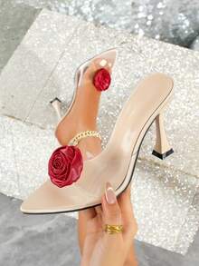 女士时尚花卉露趾透明绑带高跟凉鞋，优雅浪漫性感百搭细高跟拖鞋 - 杏色 - 查看 1
