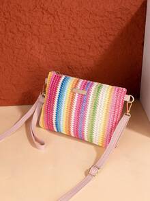彩虹条纹编织草编斜挎包，夏季沙滩单肩包，女士时尚手提包，带可拆卸肩带，波西米亚风度假包 - 彩色 - 查看 1