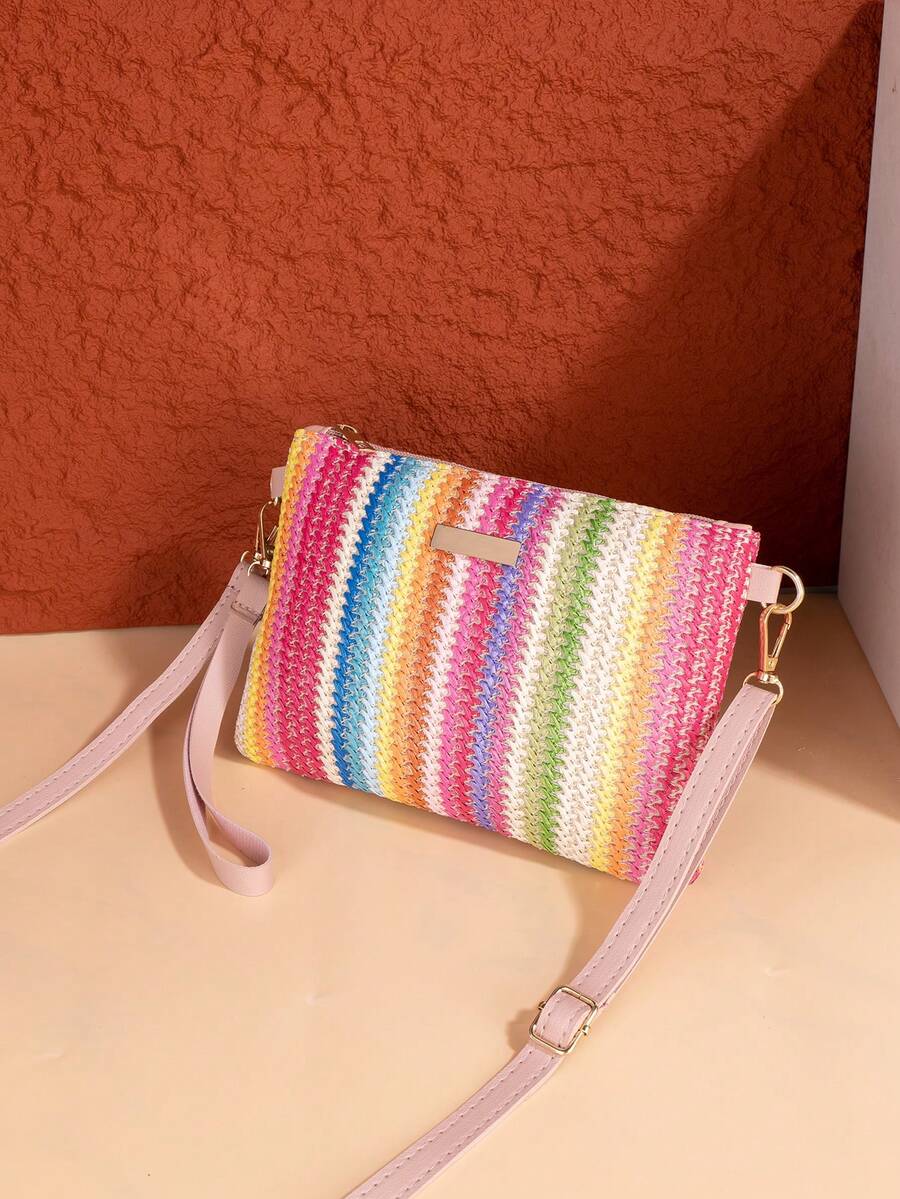 彩虹条纹编织草编斜挎包，夏季沙滩单肩包，女士时尚手提包，带可拆卸肩带，波西米亚风度假包 - 彩色 - 查看 1