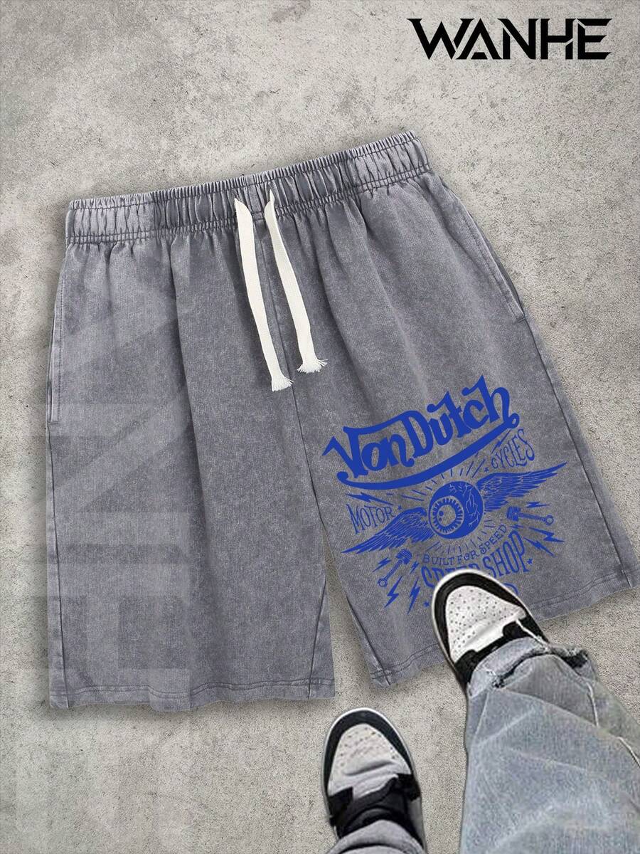 WANHE Washed Shorts, Unisex Style, Couples' Matching Outfit - Ideal For Spring & Summer Wear, St. Patrick's Day, March Madness, Music & Art Festivals, Easter, Carnival, Perfect Gift Choice. Motorcycle Speed Shop Print, Washed Shorts For Motorcycle Enthusiasts, Street Style Summer Casual Wear, Graphic Design, Comfortable Fit, Urban Lifestyle - 灰色 - 查看 1