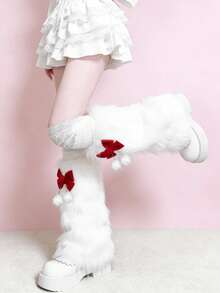 1 Pair Sweet Wine Red Bow & White Fuzzy Leg Warmers (May Have Light Shedding) - Multicolor - View 6