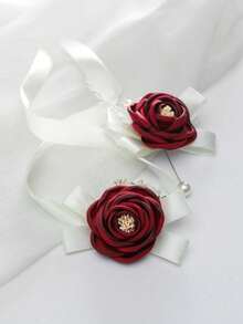 1 pieza/2 piezas Broche y corsage de muñeca de rosa burdeos con acentos blancos de aleación metálica, adecuado para novio, novia, padrino, dama de honor, boda, compromiso, banquete, fiesta, aniversario - Burdeos - Ver 2
