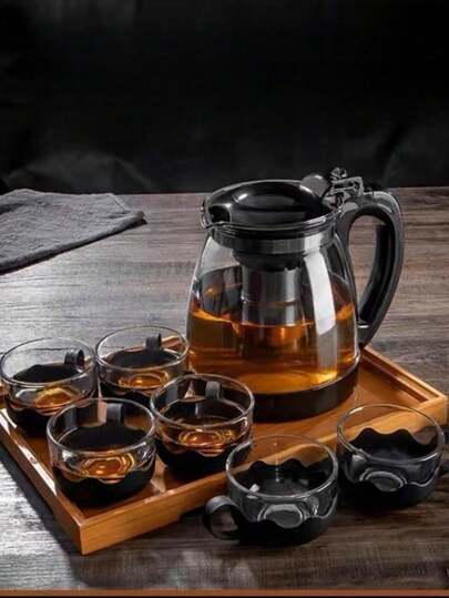 Juego de té Kung Fu de alta gama con tetera de vidrio de 1000 ml, tetera de vidrio borosilicato a prueba de fugas y resistente al calor, juego de tazas de té de cerámica, filtro de té de acero inoxidable, adecuado para temperaturas de -20 a 120 grados Cel