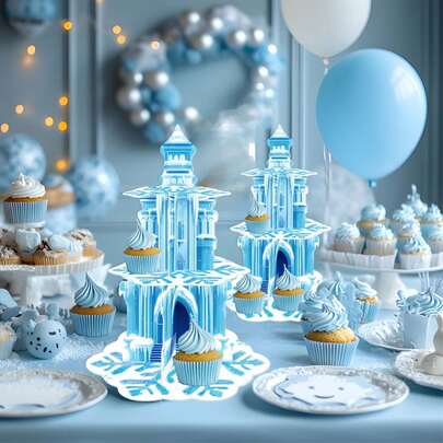 三层蓝色城堡雪花纸杯蛋糕架 | 冰雪奇缘主题冬季仙境甜点展示架，适合公主生日派对用品