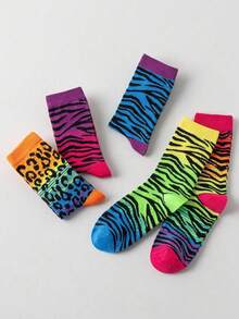 5双装女士时尚豹纹中筒袜，适合所有季节 - 彩色 - 查看 5