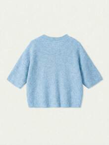 FOR BEAUTY Spring/Summer New Blue Round Neck Short Sleeve Button Knit Cardigan, Fashion Casual Minimalist, Street Style, Suitable For Commuting, Casual, Outing, Graduation Ceremony, Street Photography - Milk Blue - View 9