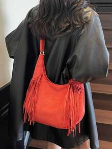 Niche Suede New Crossbody Bag For Women, Large Capacity Fashion Tassel Shoulder Bag - Red - View 3