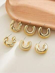6pcs Gold Hoop Earrings, Elegant Casual Style Suitable For Women's Daily Wear (No Card Included) - Gold - View 1