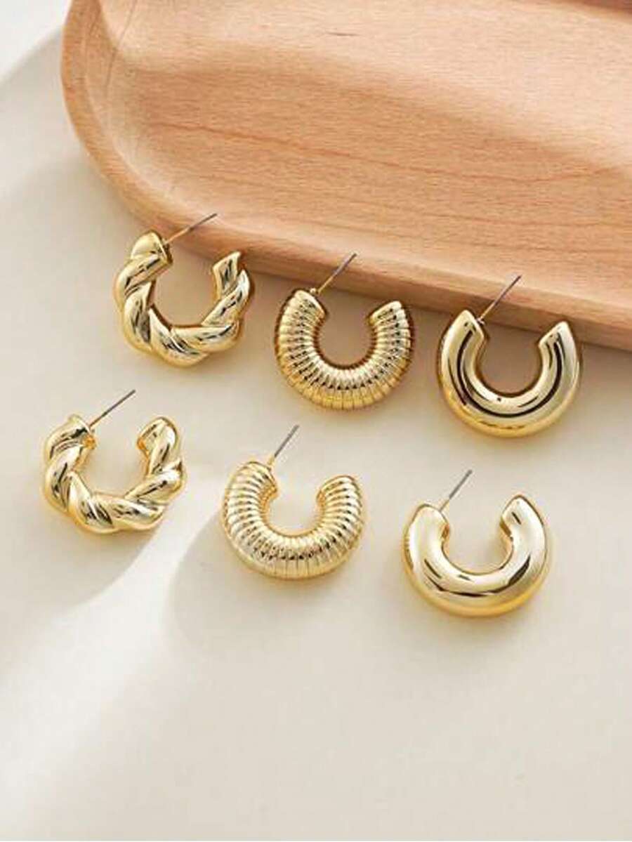 6pcs Gold Hoop Earrings, Elegant Casual Style Suitable For Women's Daily Wear (No Card Included) - Gold - View 1
