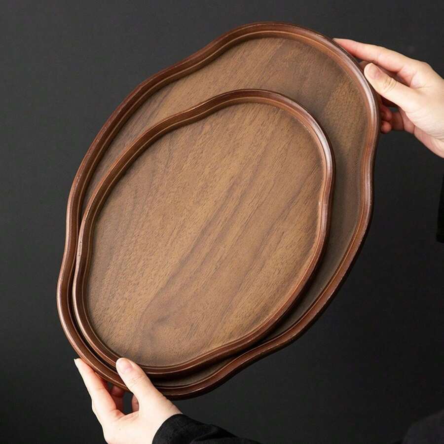 1pc/2pcs Oval Walnut Wood Serving Tray, Suitable For Breakfast, Lunch, Dinner, Steak, Snacks, Beverages, Sushi, Pizza, Desserts, Cakes, Breads, Coffee, Charcuterie Boards, Appetizers - Maroon - View 1