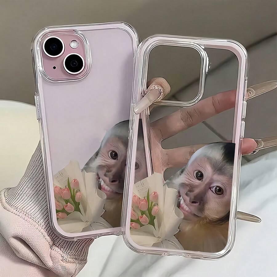 1pc Pink Frame Transparent Minimalist Monkey Holding Flowers Pattern Phone Case, Shockproof And Scratch-Resistant, Compatible With IPhone 16 Pro Max, 17/16/15/14 Plus, 13/12/11, Air, Series - Multicolor - View 1