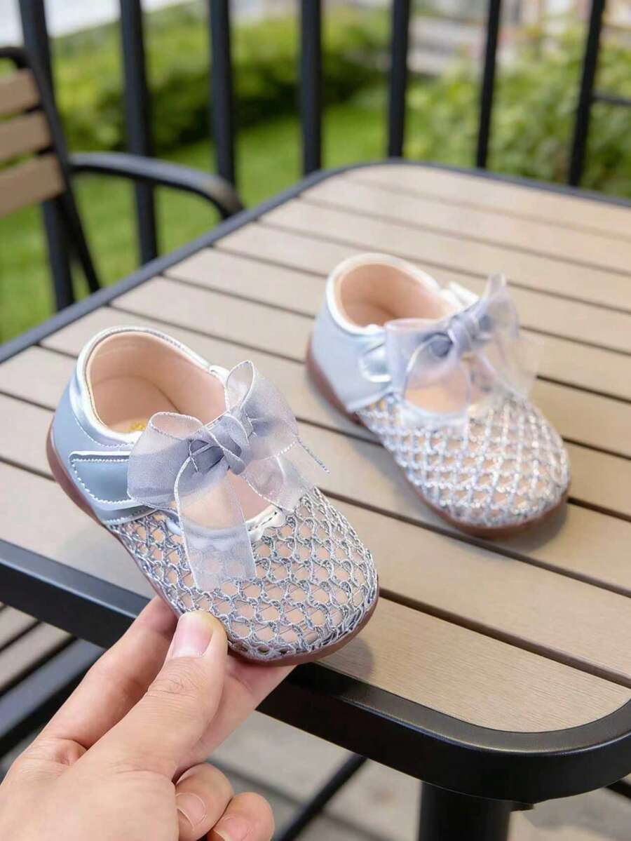 Giày công chúa lưới cho bé gái, giày tập đi mềm mại chống trơn trượt, giày nơ thoáng khí, giày công chúa cho bé, giày trẻ sơ sinh mùa xuân/hè mới. - Bạc - Xem 1