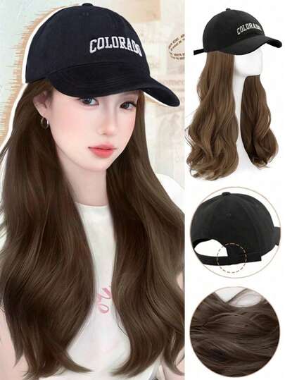 20 Inch Wig Hat, Women's Ombre Fashion Letter Baseball Cap Wig, Long Wavy Wig