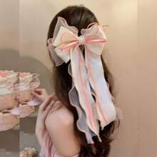 1pc Large Hair Bows Clips For Women Pink White Hair Bows Elegant Long Tail Bowknot Hairpins Spring Summer Hair Barrettes French Ribbon Clips - Pink - View 2