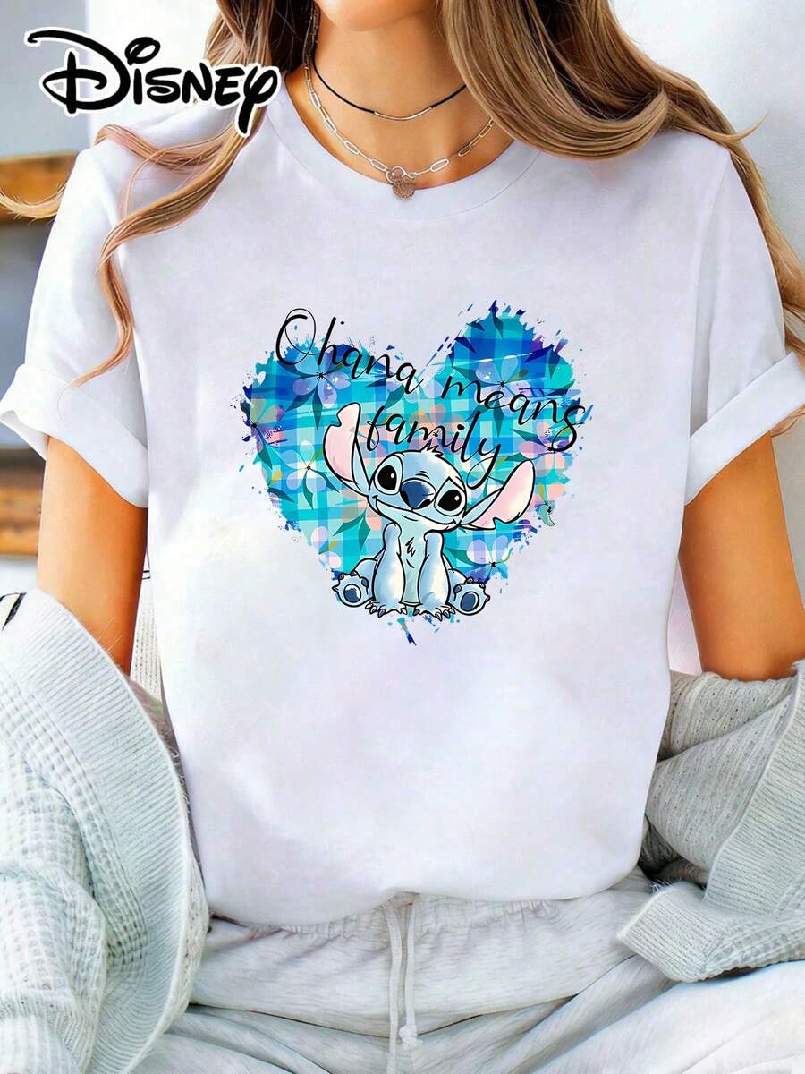Loose Fit Crew Neck T-Shirt | Disney Lilo & Stitch "Ohana" Theme | Vacation Wear. Made From Soft, Comfortable, And Durable Fabric, This Is An Ideal Choice For Spring And Summer. This Crew Neck T-Shirt Is Suitable For A Variety Of Occasions, Including Everyday Wear, Shopping, Parties, Travel, And Gatherings, And Also Makes A Thoughtful Gift. - White - View 1