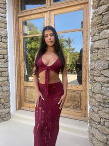 2026 Spring/Summer New Women's Burgundy Lace-Up V-Neck Top With Pencil Skirt Knit 2-Piece Set, Tight Sexy Hollow See-Through Outfit, Made Of Knit Fabric, Sexy Elegant Bohemian Style, Suitable For Music Festivals, Pool Parties, Beach Vacations, Dates, Summer Getaways - Burgundy - View 6