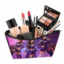 1个女士创意钱包，1个休闲涤纶化妆包，K-Pop系列印花图案，耐用双面印花，可折叠轻便旅行收纳包，多功能大容量，是度假和生日礼物的理想之选 - A - 查看 2