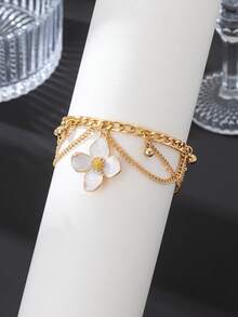 1件装度假风流苏手工滴油精致优雅白色滴油四瓣花吊坠多层脚链，女士款 - 白色 - 查看 2