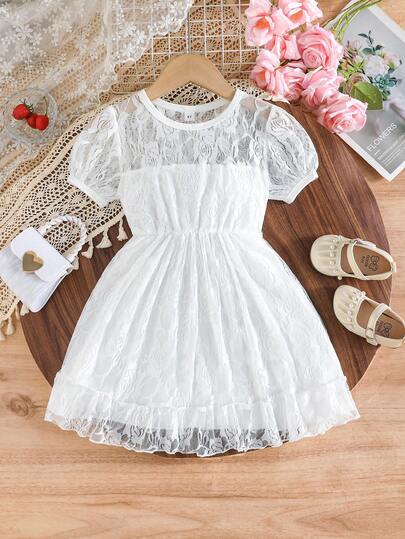 Đầm ren trắng tay ngắn cho bé gái 2-7 tuổi, thích hợp cho ngày Valentine và tiệc cưới.