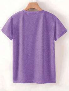 1 Piece 180g Back-To-School Season New Printed T-Shirt Progress Is Better Than Perfection Women's Casual Round Neck T-Shirt Suitable For Summer And Autumn - 淡紫色 - 查看 3
