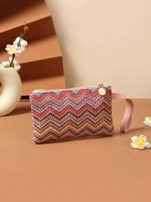 粉紫色波浪纹编织草编手拿包，夏季沙滩腕包，女士时尚手提包，拉链封口 - 彩色 - 查看 2