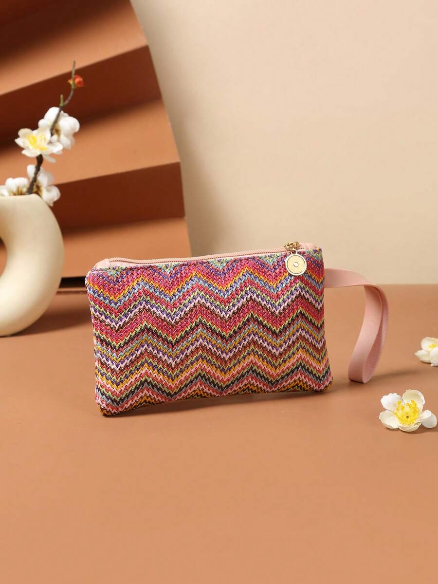 Túi cầm tay bằng rơm đan họa tiết lượn sóng màu hồng và tím, túi đeo cổ tay mùa hè đi biển, túi xách thời trang cho nữ có khóa kéo. - Nhiều màu - Xem 1