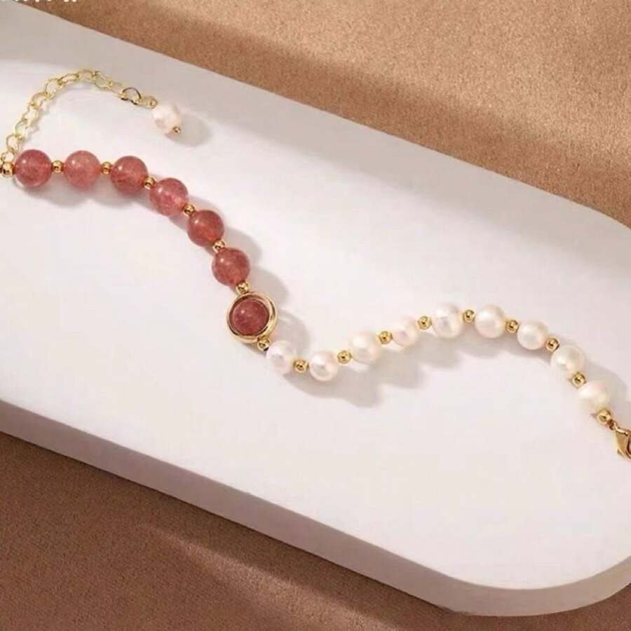 Vòng tay đính đá thạch anh dâu tây, hoa tulip, mã não và ngọc trai giả nước ngọt, phong cách Ins, thanh lịch, sang trọng, độc đáo, đa năng dùng hàng ngày. - Hồng - Xem 1