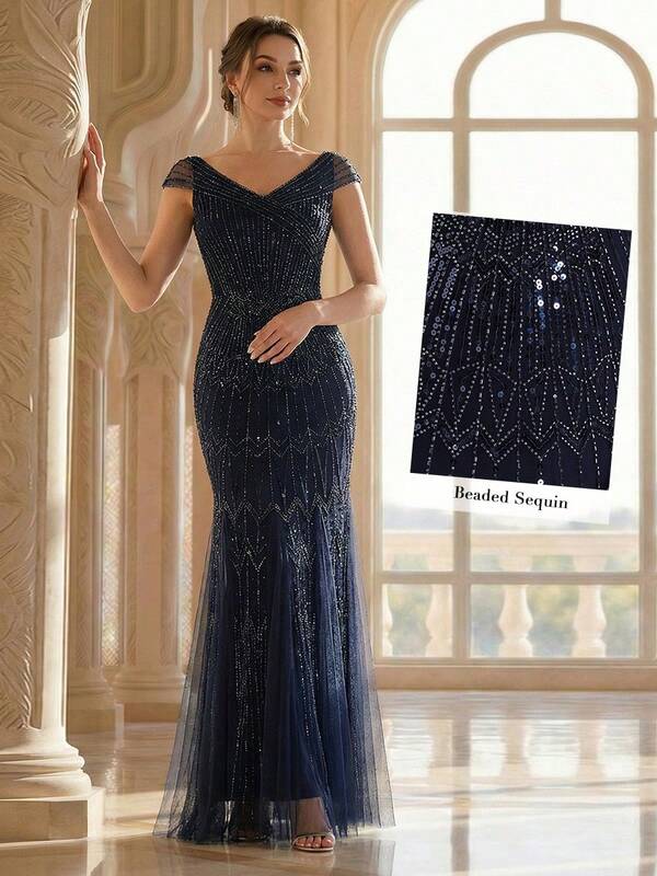 Summer Early Autumn Charming Luxury Women's Long Formal Evening Gown, Heavy Sequin Embroidery Mesh Patchwork Design Short Sleeve, Elegant Vintage Party Evening Dress Suitable For Dinner Party Gathering Wedding