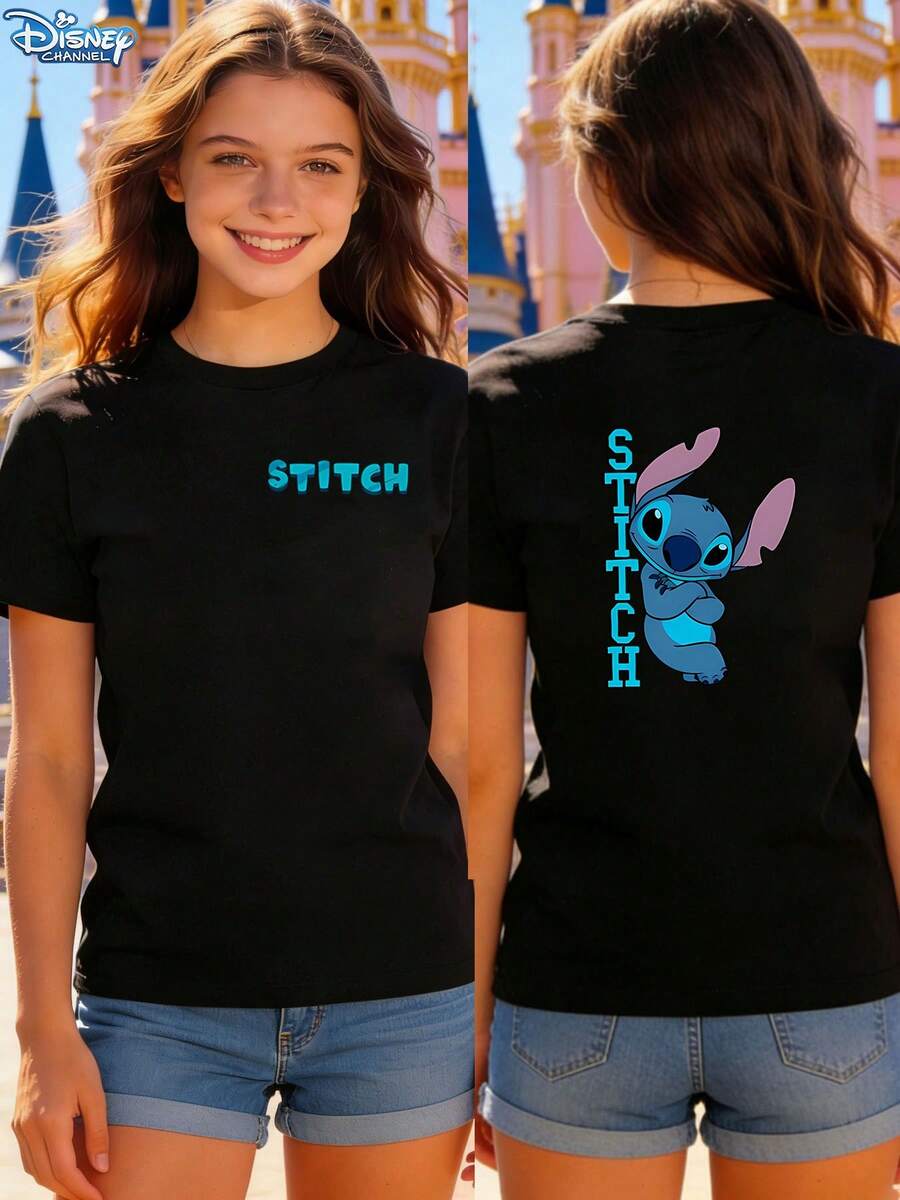 Soft Cotton T-Shirt | Disney Lilo & Stitch Front & Back Graphic | Casual Daily WearMade From Soft, Comfortable, And Durable Pure Cotton, This Is An Ideal Choice For Spring And Summer. This Crew Neck T-Shirt Is Suitable For Various Occasions, Including Everyday Wear, Shopping, Parties, Travel, And Gatherings, And Also Makes A Thoughtful Gift. - Black - View 1