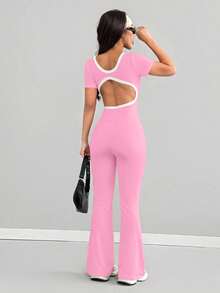 AITYI Studio Women's Pink Jumpsuit, Square Neck Short Sleeve Contrast Color Fashion Design, Hollow-Out Backless Fitness Sports Shaping Slim Comfortable Elegant Y2K Style Suitable For Daily, Commute, Party, Holiday Outfit. Suitable For Independence Day, Back To School, Pride Month, Carnival, Music Festival, Mother's Day. New Spring/Summer Short Sleeve Comfortable Knit Flared Leg Jumpsuit - Pink - View 8