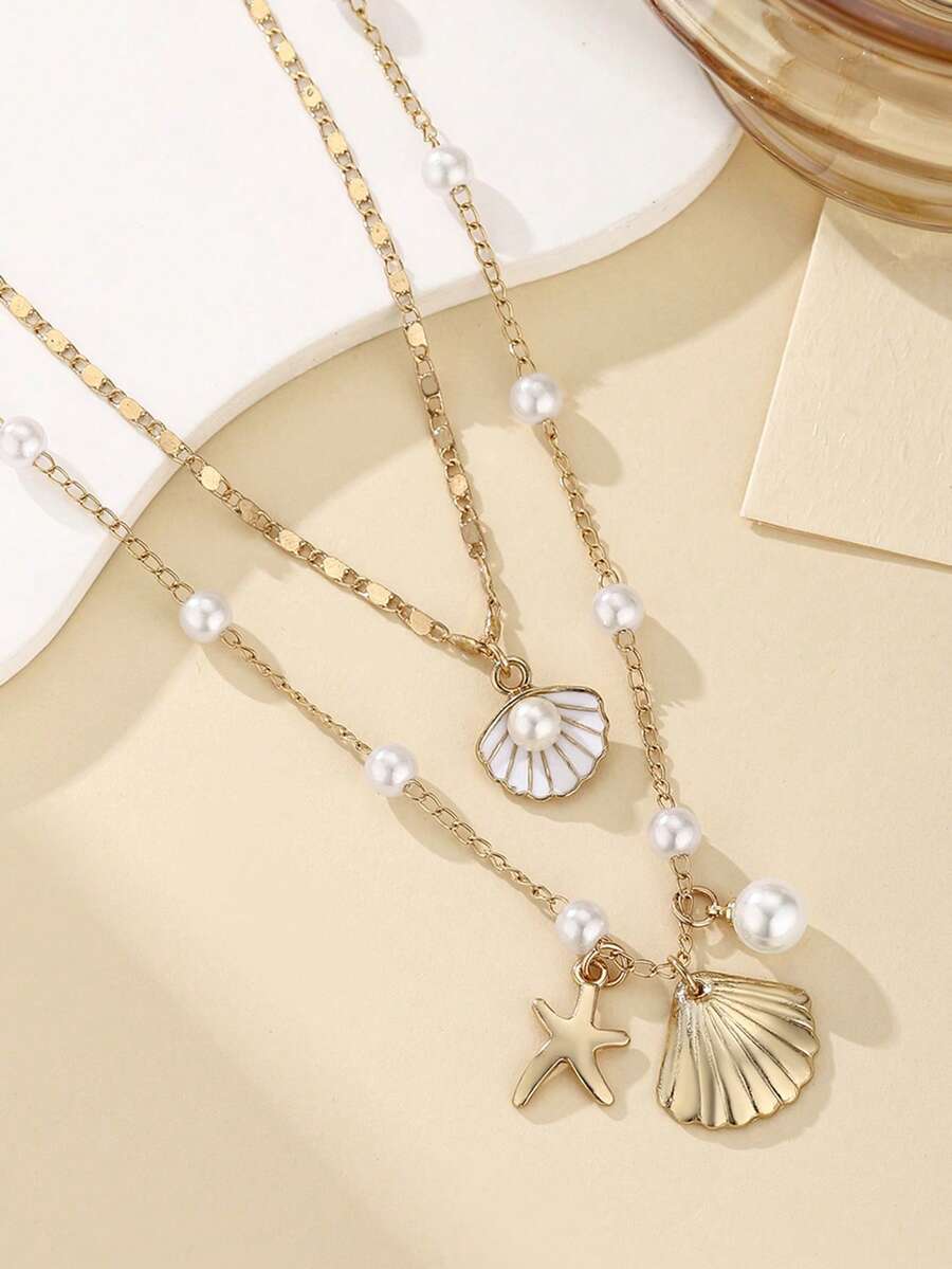 1pc Elegant European And American Style Luxury Faux Starfish, Pearl & Shell Necklace, Lightweight Oceanic Clavicle Chain Suitable For Daily Wear And Parties - Gold - View 1