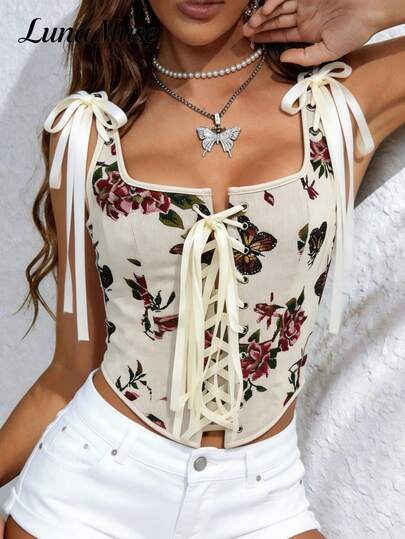 Luna Muse New Apricot Butterfly Strap Vintage Corset Top For Women, Spring/Summer, Retro Square Neck Front Tie Bustier Crop Top, Casual, Streetwear, Nightclub, Vacation, Back To School, Punk, Thanksgiving, Music Festival, Valentine's Day, New Year, Pair With Mini Skirt, Retro Style