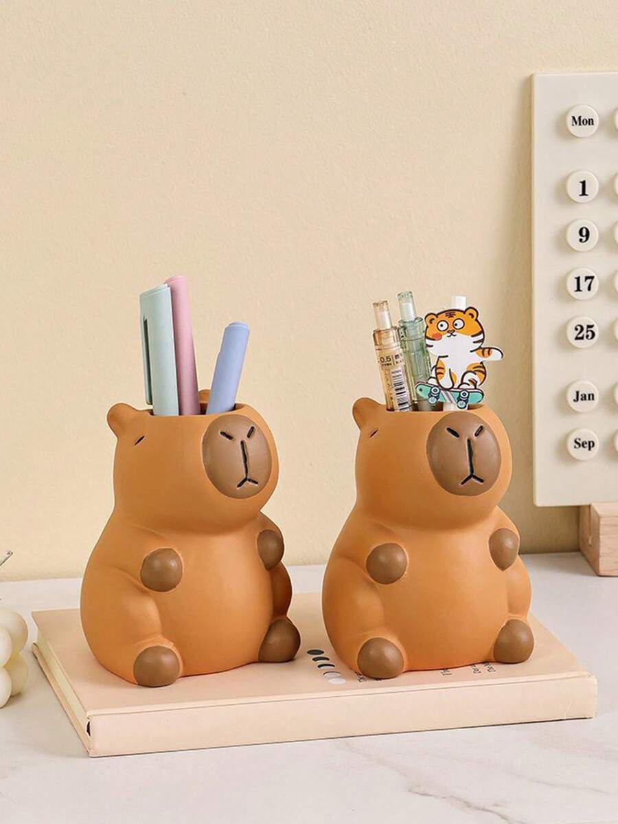 1pc Cute Capybara Pen Holder & Makeup Brush Organizer, Versatile Desktop Decor For All Seasons - Multicolor - View 1