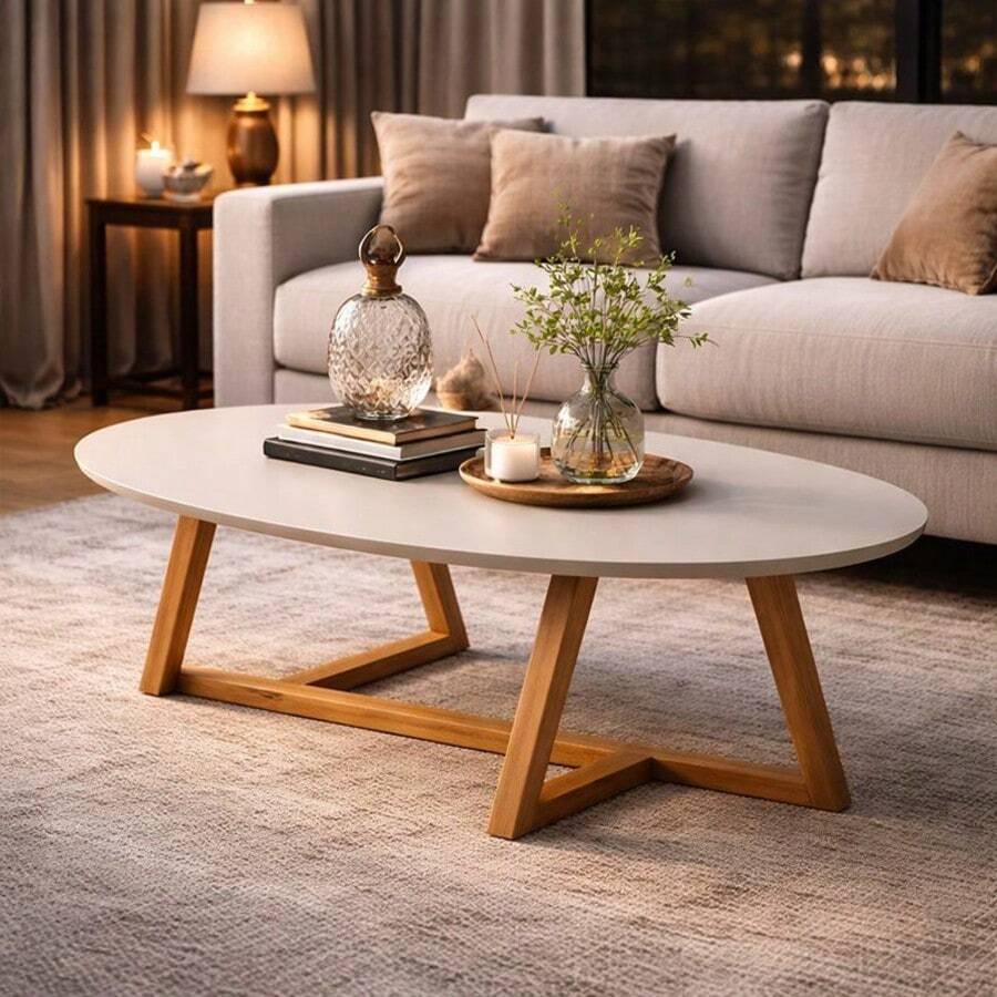 Classic Oval Coffee Table For Modern Living Room With Solid Wood Legs - Off White - View 1