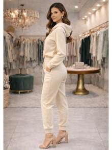 Women's 2-Ply Fleece Tracksuit Set, Winter Fashion, Cold Weather. - 米白色 - 查看 2