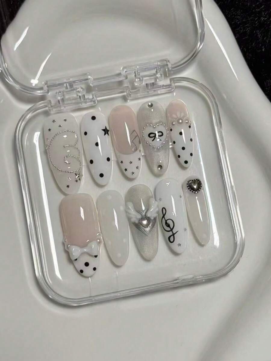 10Pcs Long Almond-Shaped Silver & White Press-On Nails - Handmade Sweet Cool Gothic Lolita Style With 3D Angel Wings, Treble Clef, Bows, Stars & Rhinestone Accents | Reusable & Removable False Nails, Perfect For Anime Events, Dates & Daily Wear | Ready To Wear In 2 Mins, No Nail Polish Needed | Includes 1pc Jelly Glue & 1 Mini Nail File - Follow Your Heart - View 1