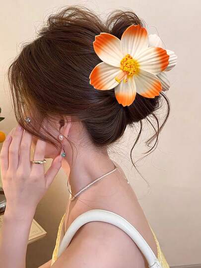 1pc Bohemian Foam Plumeria Extra Large Floral Hair Clip, Realistic Flower Decor For Women, Suitable For Daily, Festival, Travel, Beach Outfit