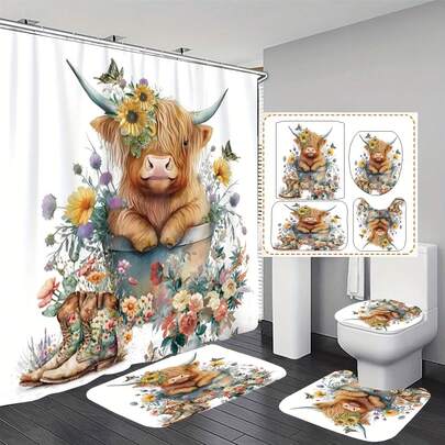 4pcs Cute Cow & Floral Bathroom Set, Including Bath Mat, U-Shaped Toilet Mat, Toilet Lid Cover, Waterproof Shower Curtain (With 12 Hooks), Decorative Bathroom Accessories, 180*180cm/70.9*70.9in