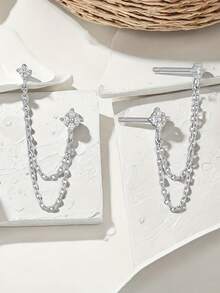 1 Pair Chain Tassel Rhinestone Earrings, Summer Jewelry For Multiple Ear Piercings - Silver - View 4
