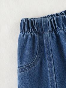 1 chiếc quần jeans ống loe màu xanh dương dễ thương thêu nơ hồng cho bé gái, kiểu dáng thường ngày, đa năng. - Rửa trung bình - Xem 6