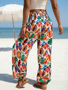 Women's Tropical Leaf Print Beach Pants Smocked Waist Ankle Cuffed Vacation Casual Wide Leg Lounge Trousers(YY1202) Spring - Multicolor - View 2