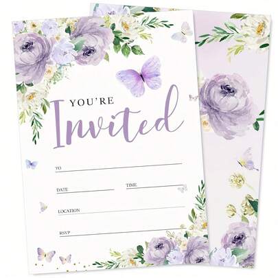 10/30 Pcs Of Purple Butterfly Floral Invitations, Spring Watercolor Invite Cards, Blank Invites Suitable For Bridal Showers, Birthday Parties, And Dinner Events(Only Cards)