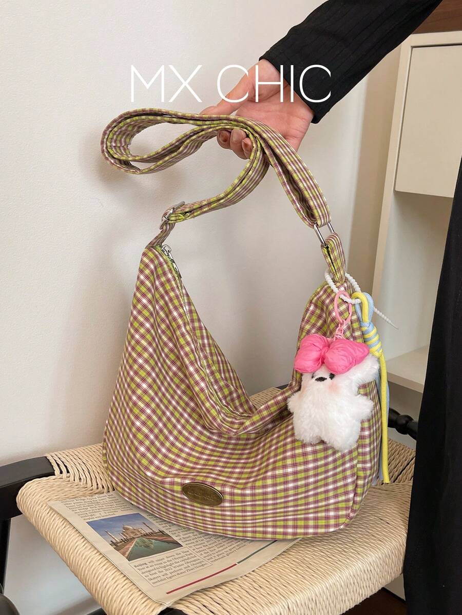 1 pieza Bolso bandolera cruzado con diseño de cuarto creciente y estampado a cuadros para mujer, con dije de dibujos animados, adecuado para ir al trabajo, compras y como regalo - Multicolor - Ver 1